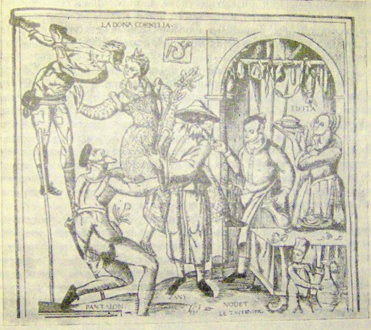 Сцена из комедии дель арте. Французская гравюра XVI в.